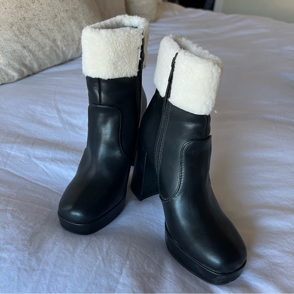 Black Cold Babe Faux Sherpa Block Heel Booties From Windsor • Size 7 • Worn Once